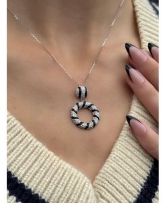 Suzy Levian Sterling Silver Pave White Cubic Zirconia Black Enamel Circle Drop Pendant