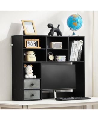 3-Tier Wood Desktop Bookshelf Storage Organizer with Fabric Drawers for Office