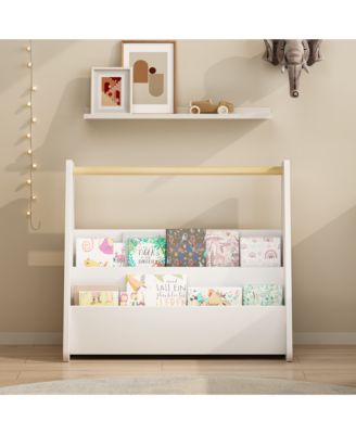 Kids Bookshelf with Wooden Handle, 2-Tier Front-Facing Toddler Bookcase, Portable Book Storage Organizer for Nursery, Playroom