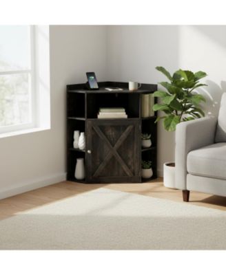 Industrial Corner Storage Shelf with Charging Station 6-Cubby Wooden Organizer for Small Spaces