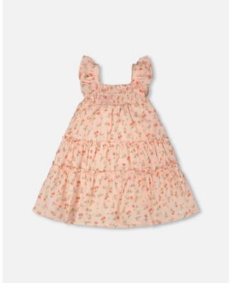 Little Girls Multi-Tiered Dress with Smocking Pink Printed Flowers