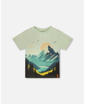 Little Boys Cotton Jersey T-Shirt with Mountain Print Sage