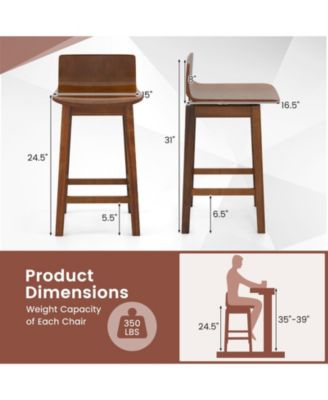 24.5 in Swivel Wooden Bar Stool Set of 2 with Low Back and Rubber Wood Legs