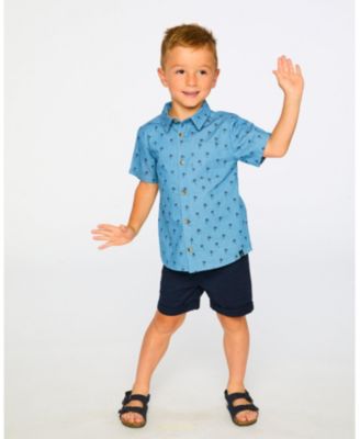Little Boys Short Sleeve Chambray Shirt Blue Palm Print