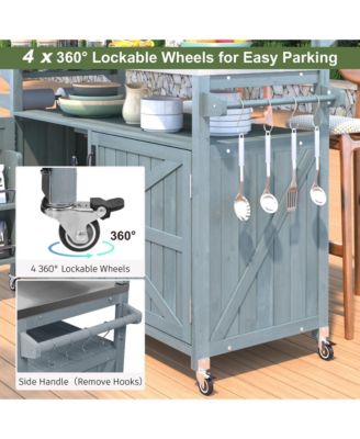 53.3inch Outdoor Kitchen Island with Raised Shelf, Solid Wood Storage Cabinet, Rolling Grill Cart with Rack, Adjustable Shelf and Spice Rack