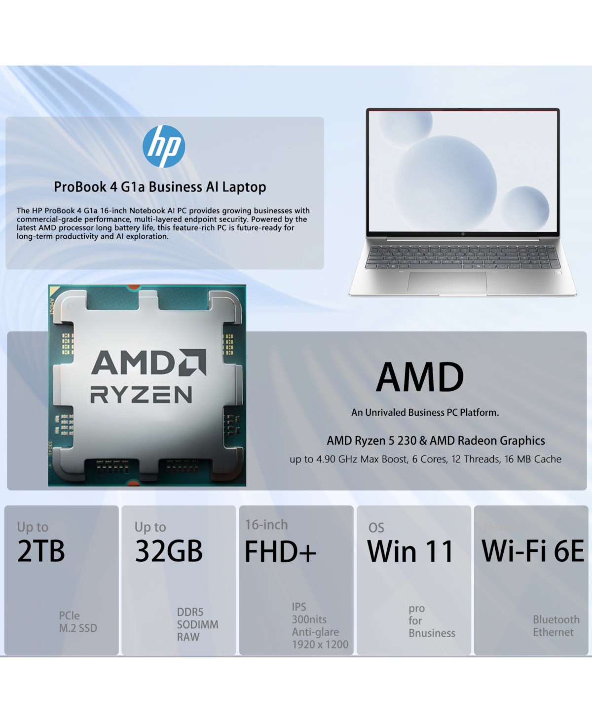 Hp ProBook 4 16" Traditional Laptop Amd Ryzen 5 32GB Ram Amd Radeon Graphics 2TB Ssd Storage Windows 11 Pro 60Hz - Silver