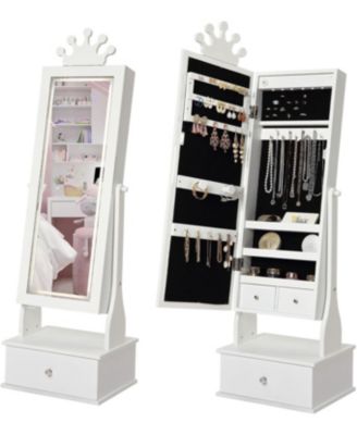 Kids Jewelry Armoire with Full-Length Mirror and LED Light, Child Jewelry Cabinet with 3 Storage Drawers