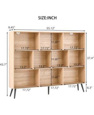 10 Cube Bookshelf, 3 Tier Modern Wide Bookcase with Legs, Mid-Century Wood Bookshelves Storage, Natural Large Book Case