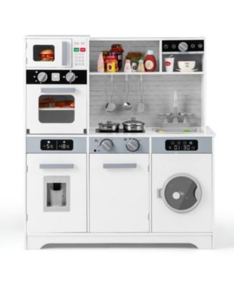 Pretend Play Kitchen Wooden Toy Set with Real Lights and Sounds