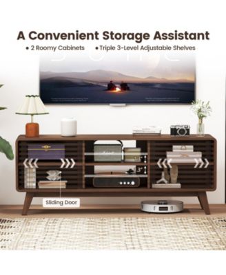 TV Stand for TVs with Sliding Doors and Adjustable Shelves for Living Room-Walnut