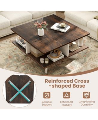 2-Tier Square Coffee Table with 4 Storage Compartments