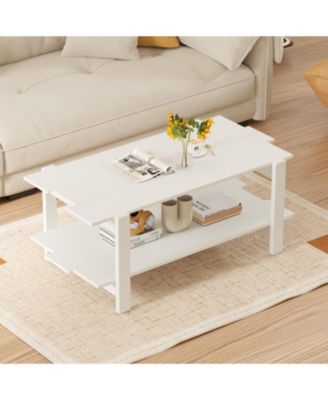 45-Inch 2-Tier Slatted Wood Coffee Table with Shelf