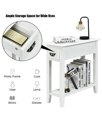 Set of 2 Ultra-Slim Sofa Side End Tables with Drawer and Open Shelf