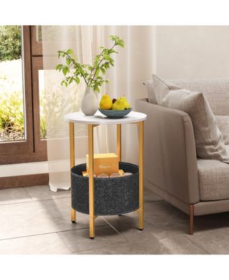 Round 2-Tier End Table with Removable Fabric Basket and Metal Frame, 17.5 in
