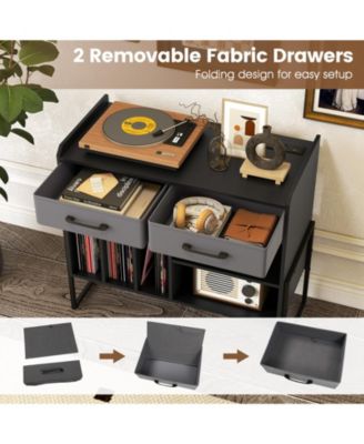 Large Mid-Century Record Player Stand with Charging Station and Vinyl Cabinet, 30 x 14 x 27 in