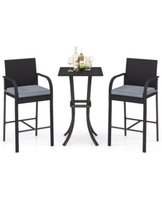 3-Piece Patio PE Rattan Bar Height Chairs and Square Table Set with Cushions