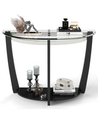 2-Tier Tempered Glass Half-Moon Console Table with Open Shelf, 40 x 16 x 30 in
