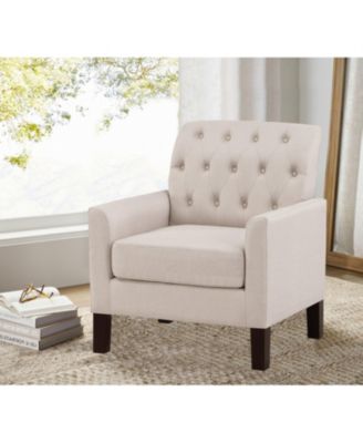 Classic Button-Tufted Linen Accent Chair with Solid Wood Legs