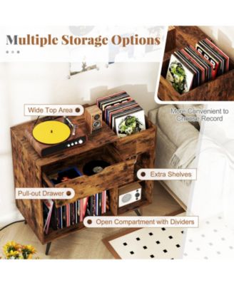 Record Player Stand with Power Outlet and Vinyl Storage Cubby, 31.5 x 16 x 31 in