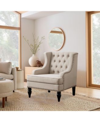 Vintage Button-Tufted Linen Accent Chair with Nailhead Trim, Plush Seat and Solid Wood Legs