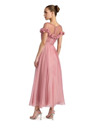 Women's Chiffon Illusion Neck Midi Dress with 3D Flowers