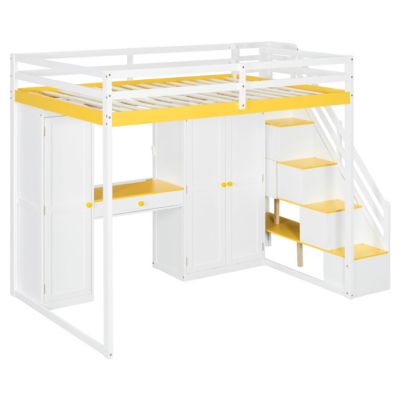 Loft Bed w/Storage Stairs, Vanity, Wardrobe, USB/Lights