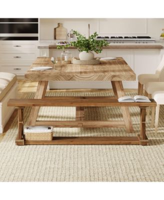 Solid Wood Dining Bench, Rustic Farmhouse Bench for Dining Table, 2-Tier Wooden Storage Seat