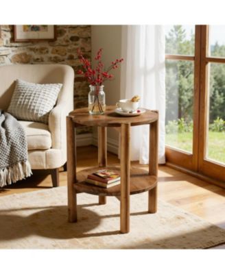 2-Tier Solid Wood Round Side Table, Farmhouse Rustic Nightstand, Small End Table