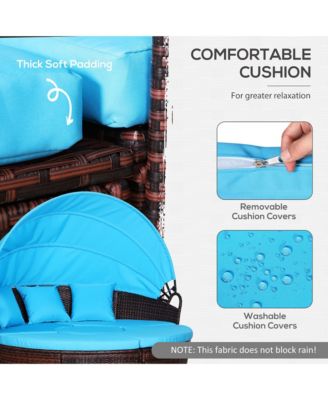 4-Piece Rattan Patio Furniture Set, Round Convertible Daybed or Sunbed with Adjustable Sun Canopy, Sectional Sofa, 2 Chairs, Table, 3 Pillows, Blue