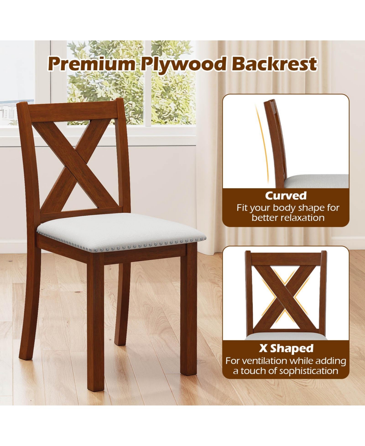 Gymax Wooden Dining Chair Set of w/Acacia Wood Legs Padded Seat Curved Back