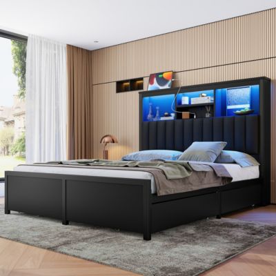 King Bed Frame w/ Storage Headboard, LED, Charging, 4 Drawers, Metal