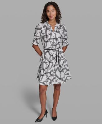 Petite Printed V-Neck Belted Dress