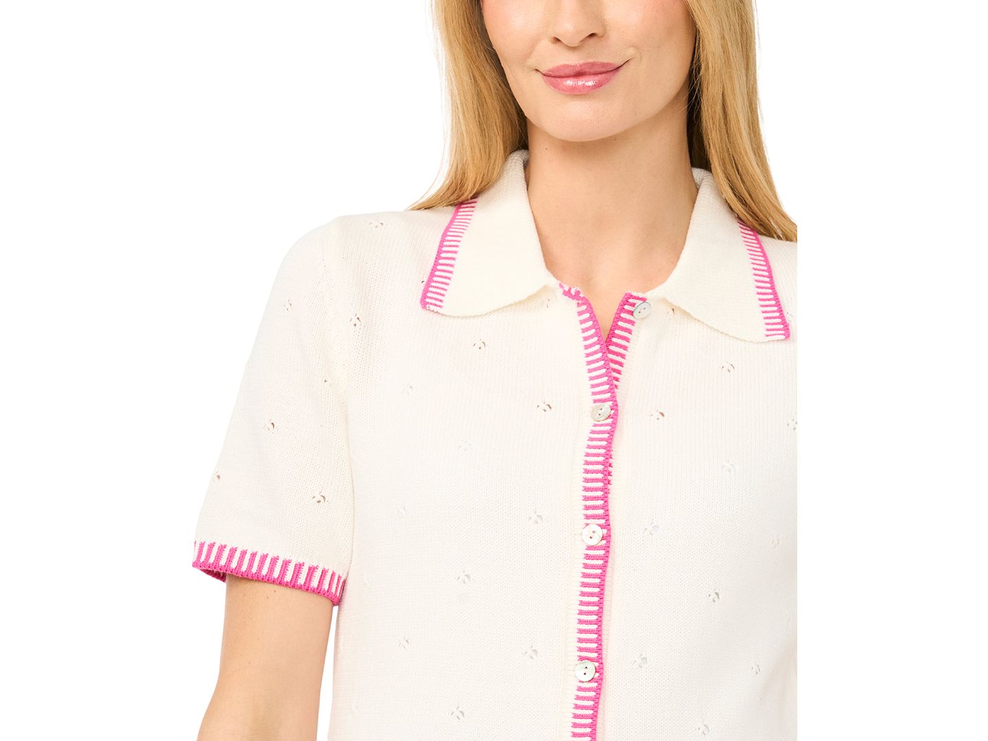 Женский кардиган CeCe Pointelle Short-Sleeve Collared Cotton, цвет: Состаренный белый — фото 2