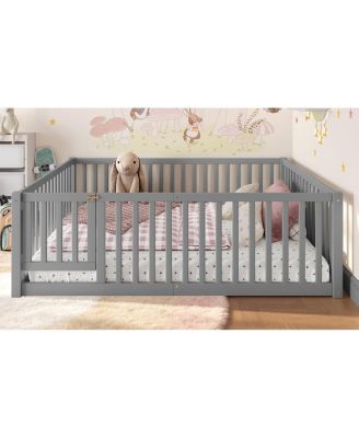 Full Size Bed Floor Bed with Safety Guardrails and Door for Kids