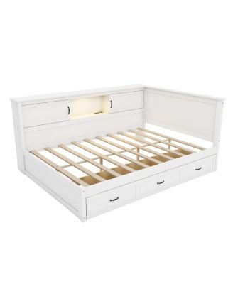 L-Shaped Full Bed w/ Drawer, Bookcase, LED, USB