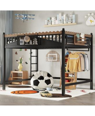 Metal Loft Bed w/Storage Shelves and Bookshelf
