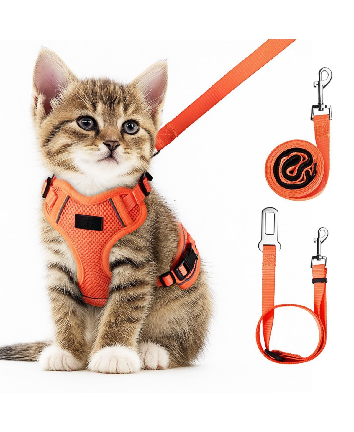 Aronkl Escape Proof Cat Harness Leash Adjustable Breathable Comfortable Vest Easy Wear Outdoor Travel Car Seat Belt Safe - Orange