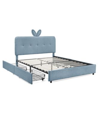 Kids Upholstered Bed w/ Rabbit Headboard, LED and Drawers