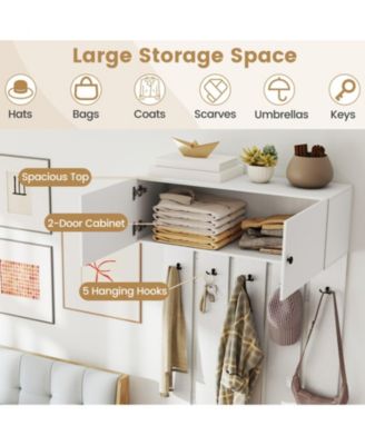 Wall Mounted Entryway Coat Rack with Storage Cabinet and 5 Hooks