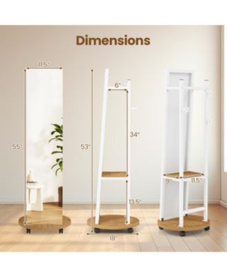 Freestanding Coat Rack with Full-Length Mirror, 3 Hooks and Storage Shelves on Wheels