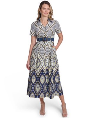 Women's Collared Short-Sleeve Belted Shirt-Dress