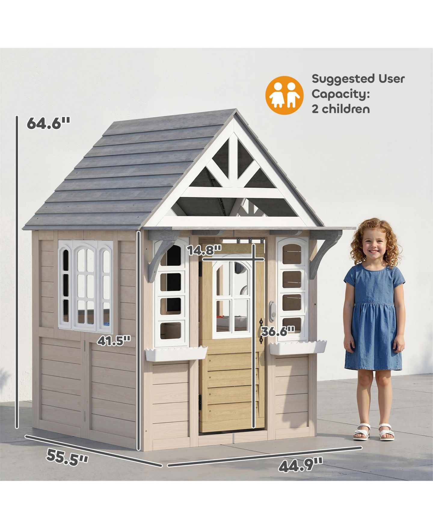 Детские игрушки Qaba Cottage 55.5"L x 44.9"W x 64.6"H Wooden Outdoor Playhouse with Play Stove Set and Dog Door, Fits Up to 4 Kids, Ages 2+, цвет: Серый — фото 3