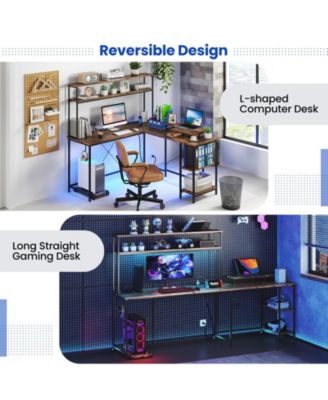 L-Shaped Reversible Gaming Desk with LED Strip and Power Outlets Hutch Monitor Stand