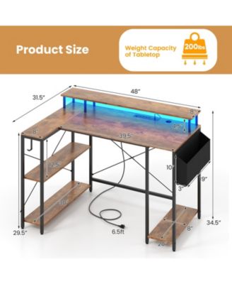 L-Shaped Gaming Desk with LED Lights and Power Outlets-Rustic Brown