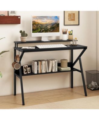 Space Saving Computer Desk with Monitor Stand and Extra Storage Shelf for Work Study-Black