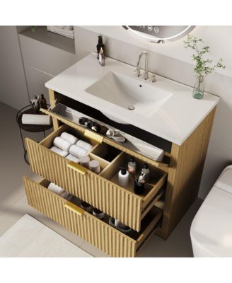 Fluted Bathroom Vanity with Sink, Farmhouse Freestanding Cabinet with 2 Drawers and Flip-Down Drawer, Easy Assembly