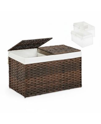 Storage Basket With Lid Woven Wicker 2 Bins 92 Gallon Foldable Removable Liners For Bedroom Laundry Room