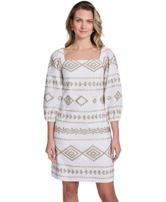 Jessica Howard Petite Embroidered Square Neck Shift Dress - White Gold - Size 4P