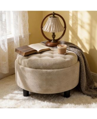 Round Storage Ottoman - Modern Tufted Fabric Circle Coffee Table with Removable Top, Footrest Stool for Living Room, Bedroom