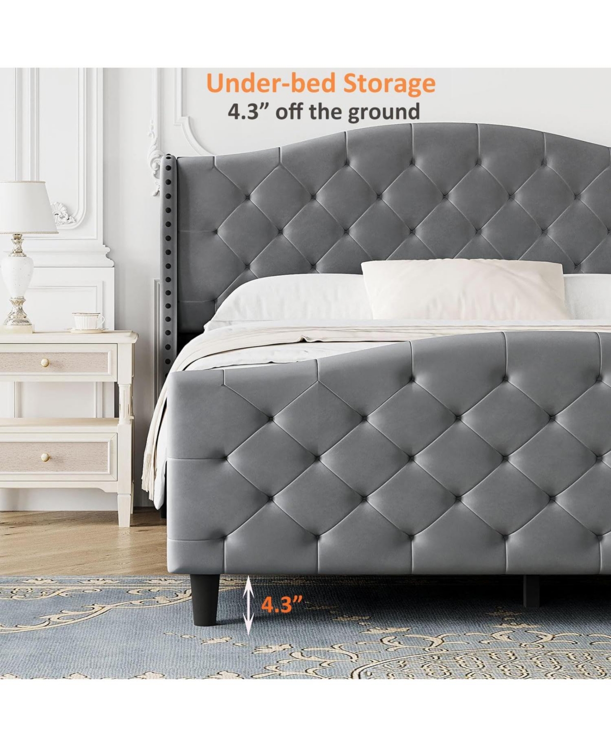 gaomon Velvet Bed Frame, Tufted Wingback Headboard, Upholstered Platform Bed, Strong Wooden Slats, No Box Spring Needed, Easy Assembly